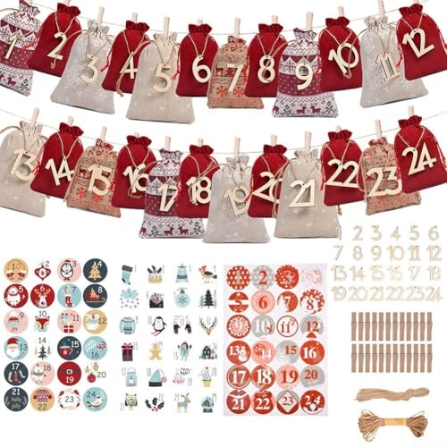 Adventskalender Kordelzugbeutel 24 Stück mit Holzanhängern Clips Aufkleber und 10 m Seil zum Aufhängen an Wänden, Kaminsims oder Bäumen von CNANRNANC