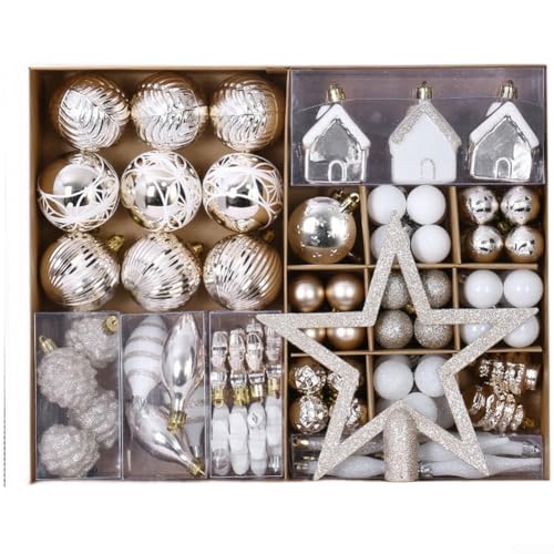 CNANRNANC 100-teiliges Weihnachtsbaumschmuck-Set, bruchsichere Kunststoff-Hängekugeln mit modernem bemaltem Design für Urlaubsdekoration (funkelndes Weiß) von CNANRNANC