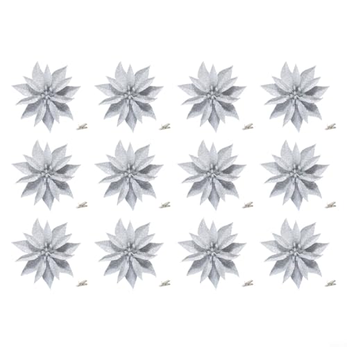 CNANRNANC 12 Stück künstliche Weihnachtsblumen, 10 cm, Kunststoff, dekorative Stücke für festliche Kränze, Tafelaufsätze und Weihnachtsbaum-Arrangements (Silber) von CNANRNANC