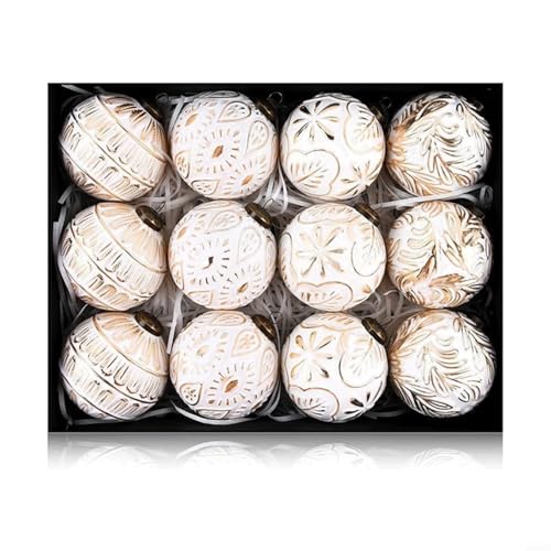 CNANRNANC 12-teiliges Weihnachtskugel-Ornament-Set, Vintage-Weihnachtskugel-Ornamente, 8 cm, gold/weiß, Kunststoff, Baum-Hängedekorationen (weiß) von CNANRNANC