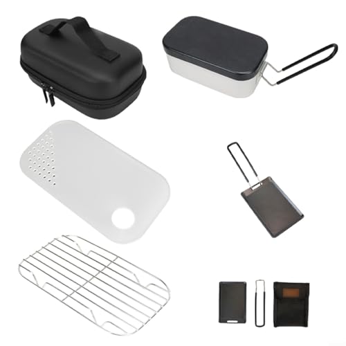 CNANRNANC 5-in-1 Camping-Kochgeschirr-Set, tragbare Aluminium-Lunchbox, mit Dampfgarer-Gestell, Schneidebrett, Grilltablett, Aufbewahrungstasche (5-teiliges Set) von CNANRNANC