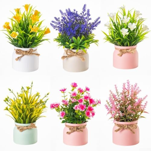 CNANRNANC 6 Stück künstliche Topfblumen, Mini-Lavendel-Pflanzen in dekorativen Töpfen mit rustikaler Schleife, Heimbüro, Tischdekoration (6 Topf-1) von CNANRNANC
