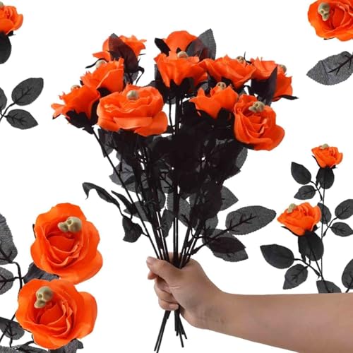CNANRNANC Künstliche Halloween-Blumen, Gothic, dunkles Rosenstrauß, 10 Stück, lila, orange, Seidenblumen-Set für gruselige Heimdekoration, Fotografie, Tafelaufsatz (orange) von CNANRNANC