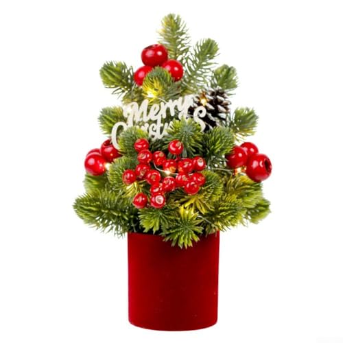 CNANRNANC Künstlicher Mini-Weihnachtsbaum für den Innenbereich, mit realistischen Zweigen und Tannenzapfen, bereit zum Platzieren auf Kamin oder Tischplatte (rot) von CNANRNANC