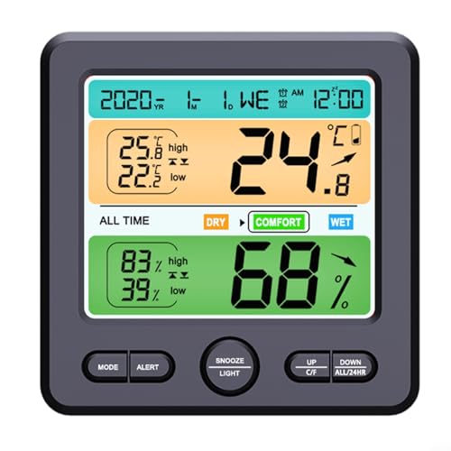 CNANRNANC Thermometer, Hygrometer, Uhr, Kalender, Farb-LCD-Wand mit Temperatur- und Luftfeuchtigkeitspfeilansagen (schwarz) von CNANRNANC