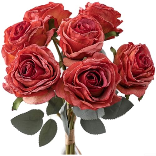 Künstlicher Rosenstrauß aus Stoff für Hochzeit und Heimdekoration, Fotografie-Setup, lebensechte gebrannte Rosenblätter mit strukturierten Details (Dunkelorange) von CNANRNANC