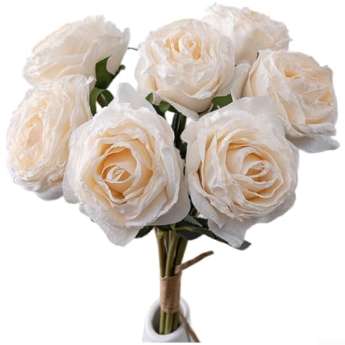 Künstlicher Rosenstrauß aus Stoff für Hochzeit und Heimdekoration, Fotografie-Setup, lebensechte gebrannte Rosenblätter mit strukturierten Details (weiß) von CNANRNANC