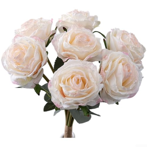 Künstlicher Rosenstrauß aus Stoff für Hochzeit und Heimdekoration, Fotografie-Setup, lebensechte gebrannte Rosenblätter mit strukturierten Details (weiß und rosa) von CNANRNANC