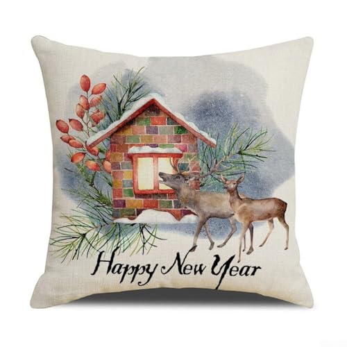 Weihnachts-Kissenbezug aus Leinen, 45,7 x 45,7 cm, mit Vogel- und Blumen-Design, quadratische Form, unsichtbarer Verschluss für Sofa, Stuhl, Bett, Auto und Büro (16#) von CNANRNANC