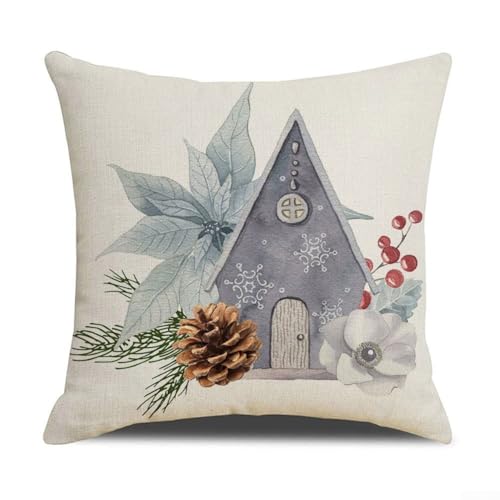 Weihnachts-Kissenbezug aus Leinen, 45,7 x 45,7 cm, mit Vogel- und Blumen-Design, quadratische Form, unsichtbarer Verschluss für Sofa, Stuhl, Bett, Auto und Büro (4#) von CNANRNANC