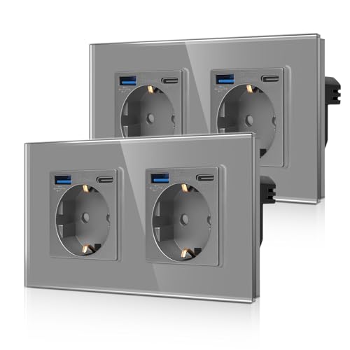 2er-Pack CNBINGO Doppelsteckdose mit 4× USB-Anschluss (20W Schnellladen) - 2× (Typ-C und USB-A) - Zweifach Glas Schuko Steckdose Unterputz - Grau Wandsteckdose mit Kindersicherung von CNBINGO