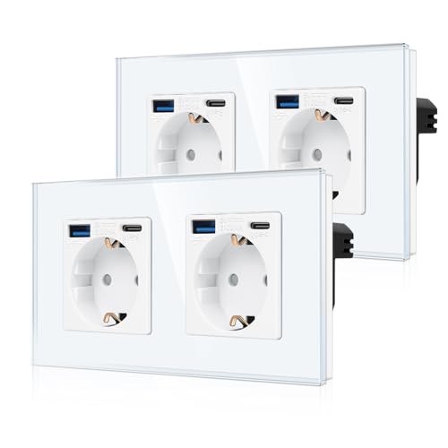 2er-Pack CNBINGO Doppelsteckdose mit 4× USB-Anschluss (20W Schnellladen) - 2× (Typ-C und USB-A) - Zweifach Glas Schuko Steckdose Unterputz - Weiß Wandsteckdose mit Kindersicherung von CNBINGO