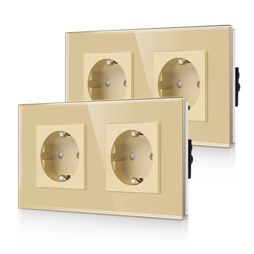 2er-Pack CNBINGO Glas Doppelsteckdose Unterputz in Gold - Zweifach Schuko Steckdose mit Kindersicherung - 16 Amp Schutzkontakt Wandsteckdose mit Glasrahmen 2er-Pack CNBINGO Glas Doppelsteckdose Unterputz in Gold - Zweifach Schuko Steckdose mit Kindersicherung - 16 Amp Schutzkontakt Wandsteckdose mit Glasrahmen von CNBINGO