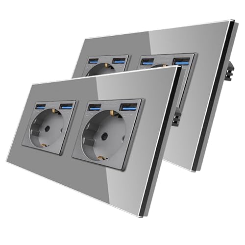 2er-Pack CNBINGO Glas Doppelsteckdose mit USB Ports (Max.2,1 Amp) - Zweifach Steckdose Unterputz in Grau - Schuko Schutzkontakt Wandsteckdose mit Glasrahmen von CNBINGO