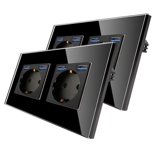 2er-Pack CNBINGO Glas Doppelsteckdose mit USB Ports (Max.2,1 Amp) - Zweifach Steckdose Unterputz in Schwarz - Schuko Schutzkontakt Wandsteckdose mit Glasrahmen von CNBINGO