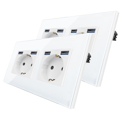 2er-Pack CNBINGO Glas Doppelsteckdose mit USB Ports (Max.2,1 Amp) - Zweifach Steckdose Unterputz in Weiß - Schuko Schutzkontakt Wandsteckdose mit Glasrahmen von CNBINGO