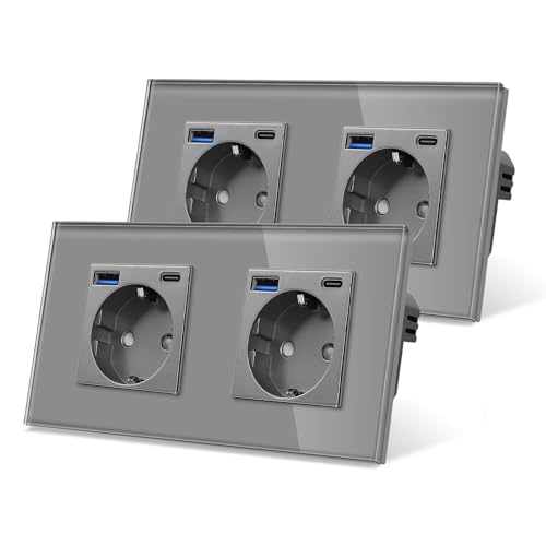 2er-Pack CNBINGO Glas Doppelsteckdose mit USB Ports (Typ-C und Typ-A unterstützung 20W Schnellladen) - Zweifach Steckdose Unterputz in Grau - Schuko Schutzkontakt Wandsteckdose mit Glasrahmen von CNBINGO