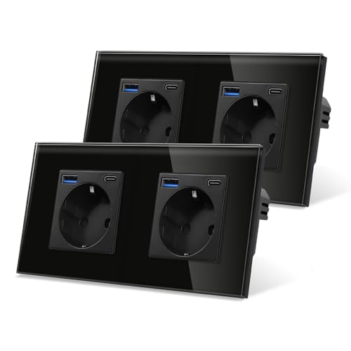 2er-Pack CNBINGO Glas Doppelsteckdose mit USB Ports (Typ-C und Typ-A unterstützung 20W Schnellladen) - Zweifach Steckdose Unterputz in Schwarz - Schuko Schutzkontakt Wandsteckdose mit Glasrahmen von CNBINGO
