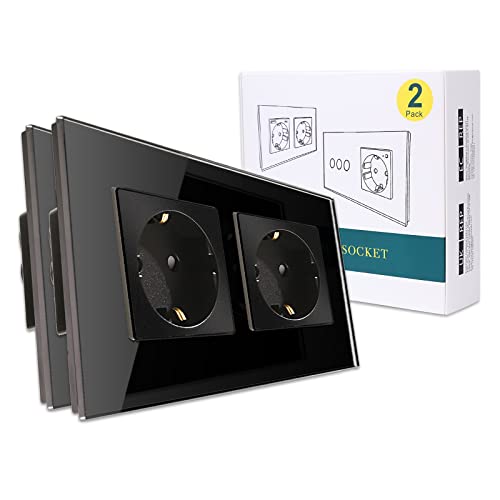 2er-Pack CNBINGO Glas Schuko Steckdose unterputz, Doppelsteckdose Schwarz, Wandsteckdose zweifach mit Glasrahmen von CNBINGO
