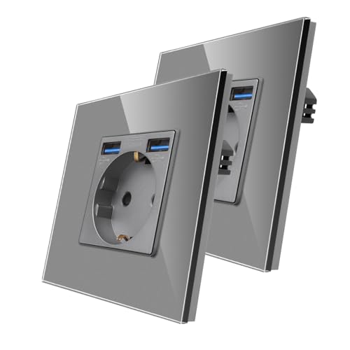 2er-Pack CNBINGO Glas Steckdose mit USB Ports (Max.2,1 Amp) - Einfach Steckdose Unterputz in Grau - Schuko Schutzkontakt Wandsteckdose mit Glasrahmen von CNBINGO