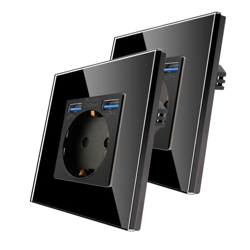 2er-Pack CNBINGO Glas Steckdose mit USB Ports (Max.2,1 Amp) - Einfach Steckdose Unterputz in Schwarz - Schuko Schutzkontakt Wandsteckdose mit Glasrahmen von CNBINGO