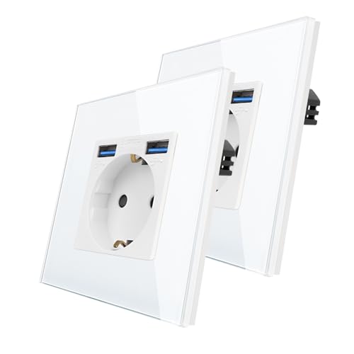 2er-Pack CNBINGO Glas Steckdose mit USB Ports (Max.2,1 Amp) - Einfach Steckdose Unterputz in Weiß - Schuko Schutzkontakt Wandsteckdose mit Glasrahmen von CNBINGO