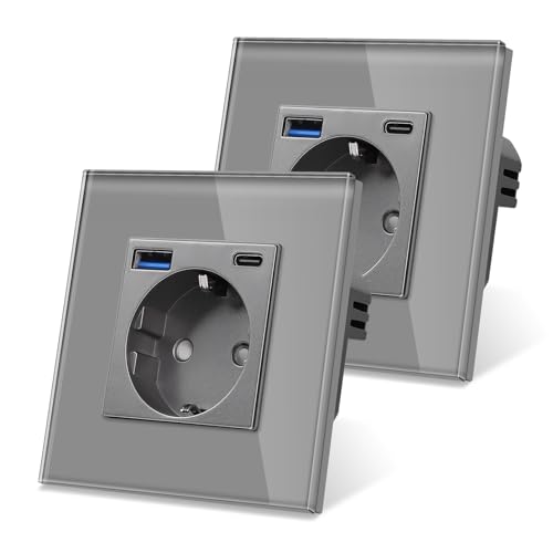2er-Pack CNBINGO Glas Steckdose mit USB Ports (Typ-C und Typ-A unterstützung 20W Schnellladen) - Einfach Steckdose Unterputz in Grau - Schuko Schutzkontakt Wandsteckdose mit Glasrahmen von CNBINGO