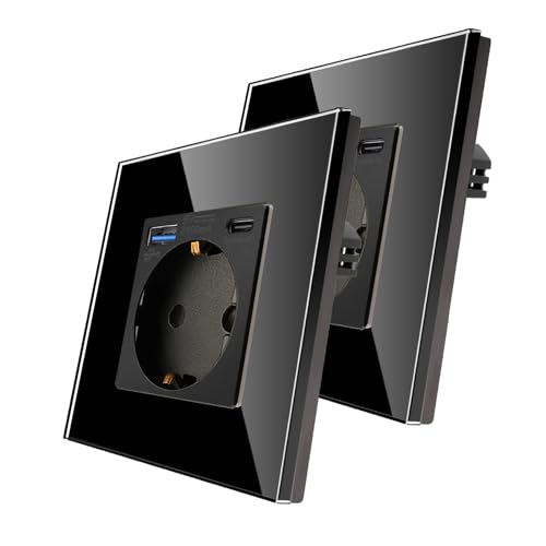 2er-Pack CNBINGO Glas Steckdose mit USB Ports (Typ-C und Typ-A unterstützung 20W Schnellladen) - Einfach Steckdose Unterputz in Schwarz - Schuko Schutzkontakt Wandsteckdose mit Glasrahmen von CNBINGO