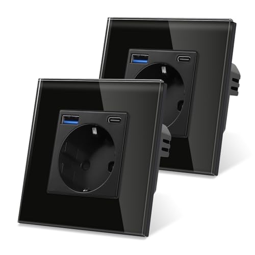 2er-Pack CNBINGO Glas Steckdose mit USB Ports (Typ-C und Typ-A unterstützung 20W Schnellladen) - Einfach Steckdose Unterputz in Schwarz - Schuko Schutzkontakt Wandsteckdose mit Glasrahmen von CNBINGO