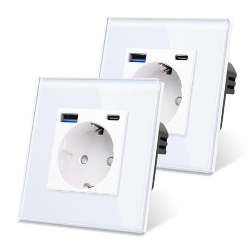 2er-Pack CNBINGO Glas Steckdose mit USB Ports (Typ-C und Typ-A unterstützung 20W Schnellladen) - Einfach Steckdose Unterputz in Weiß - Schuko Schutzkontakt Wandsteckdose mit Glasrahmen von CNBINGO