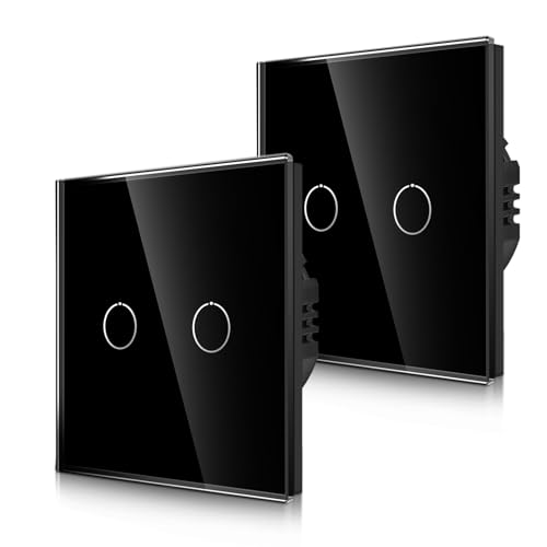 2er-Pack CNBINGO Touch Lichtschalter unterputz in Schwarz - zweifach Wandschalter mit Status-LED und Glas Panel - Kein Neutralleiter Erforderlich - 2 Fach Berührungsschalter - 500 W/Fach von CNBINGO