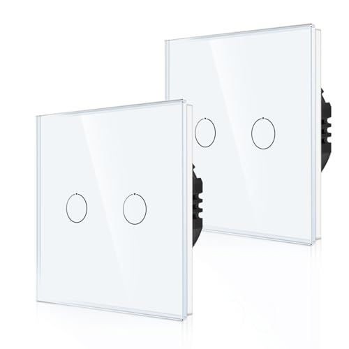 2er-Pack CNBINGO Touch Lichtschalter unterputz in Weiß - zweifach Wandschalter mit Status-LED und Glas Panel - Kein Neutralleiter Erforderlich - 2 Fach Berührungsschalter - 500 W/Fach von CNBINGO