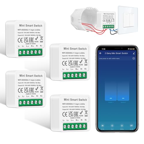 4 PCS CNBINGO Smart Lichtschalter Modul 2 Fach 1 Weg, Mini DIY WLAN Schalter Passt hinter Wandschalter, Smart Switch Kompatibel mit Alexa Echo, Google Home, Smart Life, Neutralleiter Erforderlich von CNBINGO