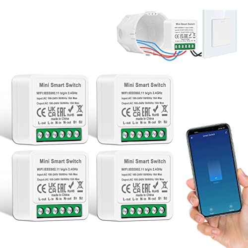 4 PCS CNBINGO Smart Modul Lichtschalter, Passt hinter Wipp-Wandschalter, Mini DIY WLAN Schalter, Kompatibel mit Alexa Echo, Google Assistant, Unterstützung 2-Wege, Neutralleiter Erforderlich von CNBINGO