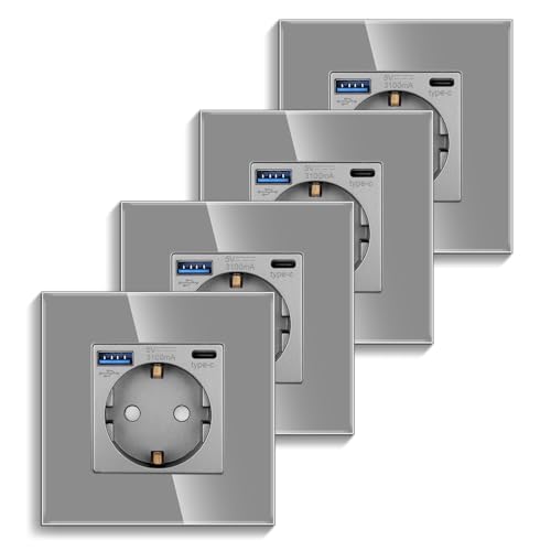 4er-Pack CNBINGO Einzelsteckdose mit 2× USB-Anschluss (20W Schnellladen) - 1× (Typ-C und USB-A) - Einfach Glas Schuko Steckdose Unterputz - Grau Wandsteckdose mit Kindersicherung von CNBINGO