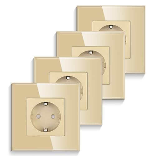 4er-Pack CNBINGO Glas Einzelsteckdose Unterputz in Gold - Einfach Schuko Steckdose mit Kindersicherung - 16 Amp Schutzkontakt Wandsteckdose mit Glasrahmen von CNBINGO