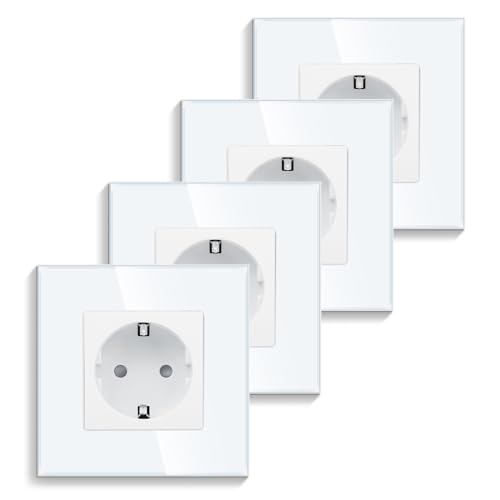4er-Pack CNBINGO Glas Einzelsteckdose Unterputz in Weiß - Einfach Schuko Steckdose mit Kindersicherung - 16 Amp Schutzkontakt Wandsteckdose mit Glasrahmen von CNBINGO