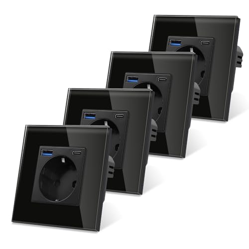 4er-Pack CNBINGO Glas Steckdose mit USB Ports (Typ-C und Typ-A unterstützung 20W Schnellladen) - Einfach Steckdose Unterputz in Schwarz - Schuko Schutzkontakt Wandsteckdose mit Glasrahmen von CNBINGO