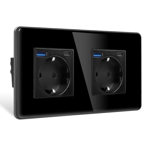 CNBINGO 2 Fach Glas Steckdose mit USB Anschluss (Type C und USB A) Schwarz Doppelsteckdose Unterputz Wandsteckdose mit Glasrahmen von CNBINGO