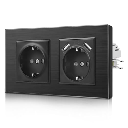 CNBINGO Aluminium USB Doppelsteckdose mit Steckklemme - USB Anschluss (2,1 Amp) - Zweifach Schuko Steckdose Unterputz - Schutzkontakt Einbau Wandsteckdose mit Rahmen aus Aluminium- 2 Fach Schwarz von CNBINGO