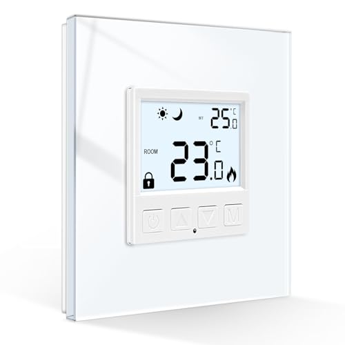 CNBINGO Thermostat Fussbodenheizung Raumthermostat Digital Unterputz für Wasser Boiler Thermostat Heizung Wandthermostat mit Glasrahmen, Weiß von CNBINGO