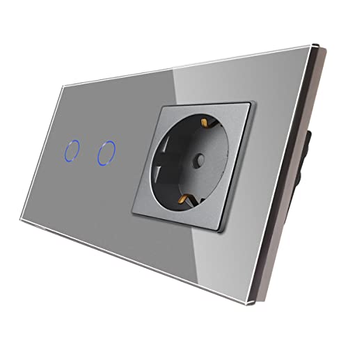 CNBINGO Dimmschalter mit Schuko Steckdose unterputz - Dimmer Schalter für LED-Leuchten - Touch Lichtschalter zweifach in Grau - Wandschalter mit Glasrahmen und Status-LED von CNBINGO