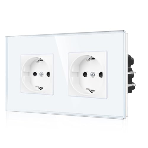 CNBINGO Doppelsteckdose Unterputz mit Krallen - Zweifach Schuko Steckdose mit Kindersicherung - 16 Amp Schutzkontakt Wandsteckdose mit Glasrahmen - Weiß von CNBINGO
