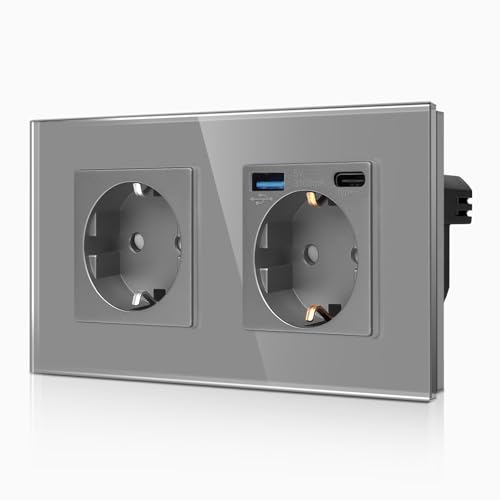CNBINGO Doppelsteckdose mit 2× USB-Anschluss (20W Schnellladen) - 1× (Typ-C und USB-A) - Zweifach Glas Schuko Steckdose Unterputz - Grau Wandsteckdose mit Kindersicherung von CNBINGO