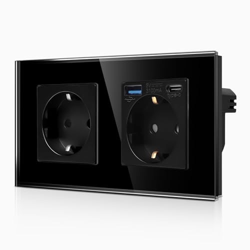 CNBINGO Doppelsteckdose mit 2× USB-Anschluss (20W Schnellladen) - 1× (Typ-C und USB-A) - Zweifach Glas Schuko Steckdose Unterputz - Schwarz Wandsteckdose mit Kindersicherung von CNBINGO