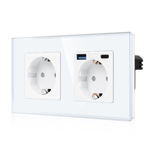 CNBINGO Doppelsteckdose mit 2× USB-Anschluss (20W Schnellladen) - 1× (Typ-C und USB-A) - Zweifach Glas Schuko Steckdose Unterputz - Weiß Wandsteckdose mit Kindersicherung von CNBINGO
