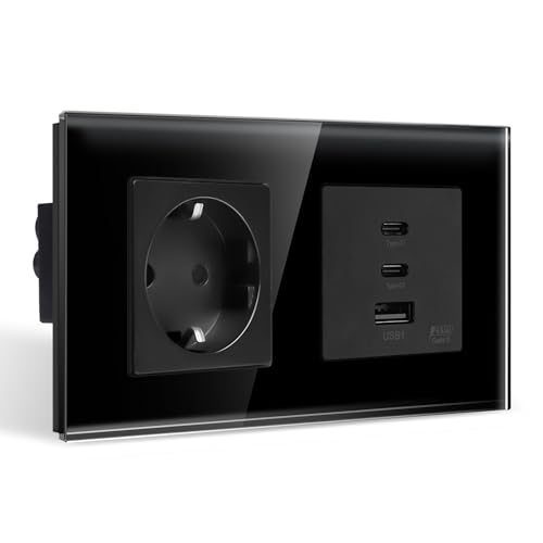 CNBINGO Steckdose mit 3× USB-Anschluss (65W Schnellladen) - 2× Typ-C und 1× USB-A - Zweifach Glas Schuko Steckdose Unterputz - Schwarz Wandsteckdose mit Kindersicherung von CNBINGO