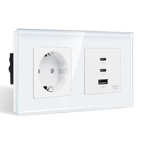 CNBINGO Steckdose mit 3× USB-Anschluss (65W Schnellladen) - 2× Typ-C und 1× USB-A - Zweifach Glas Schuko Steckdose Unterputz - Weiß Wandsteckdose mit Kindersicherung von CNBINGO