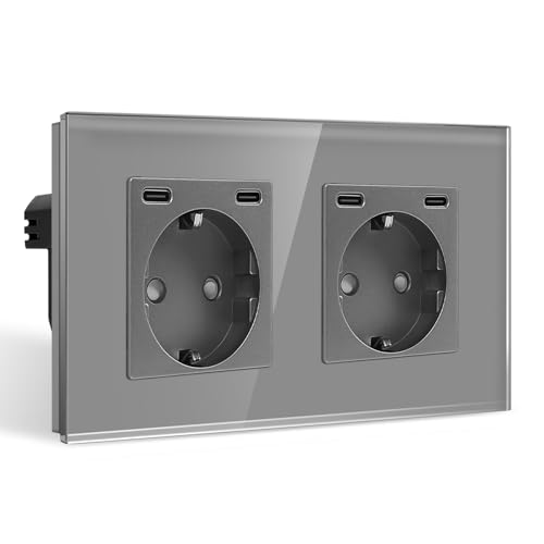 CNBINGO Doppelsteckdose mit 4× TypC (USB-Anschluss 20W Schnellladen) - Zweifach Glas Schuko Steckdose Unterputz - Grau Wandsteckdose mit Kindersicherung von CNBINGO