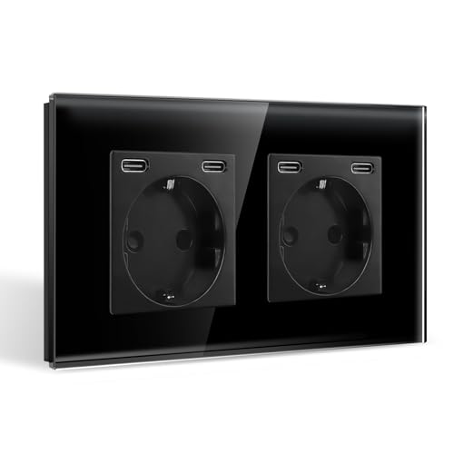 CNBINGO Doppelsteckdose mit 4× TypC (USB-Anschluss 20W Schnellladen) - Zweifach Glas Schuko Steckdose Unterputz - Schwarz Wandsteckdose mit Kindersicherung von CNBINGO